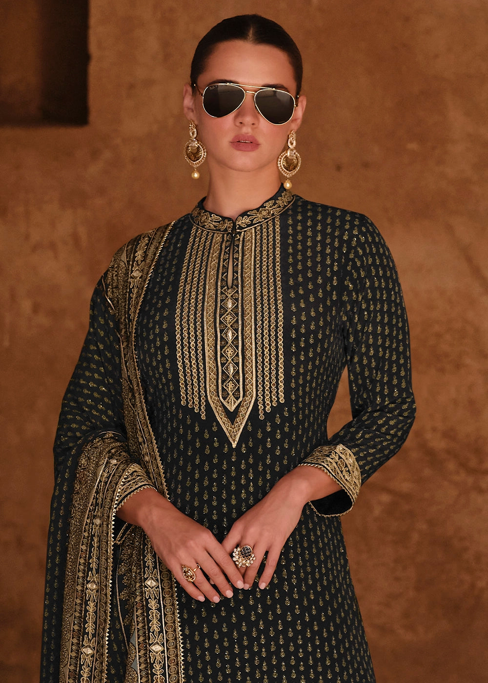 Jade Black Crepe Silk Gharara Suit with Swarovski Embellishments