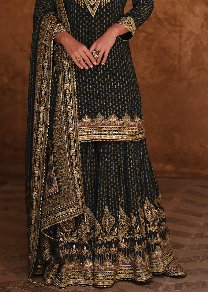 Jade Black Crepe Silk Gharara Suit with Swarovski Embellishments