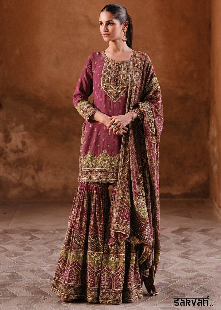 Cardinal Purple Crepe Silk Gharara Suit with Swarovski Embellishments