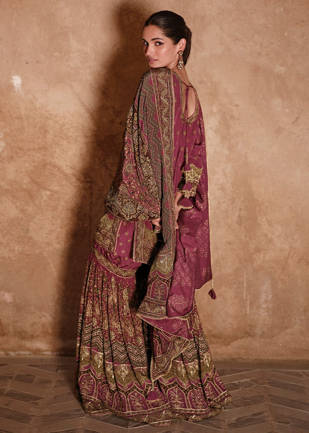 Cardinal Purple Crepe Silk Gharara Suit with Swarovski Embellishments