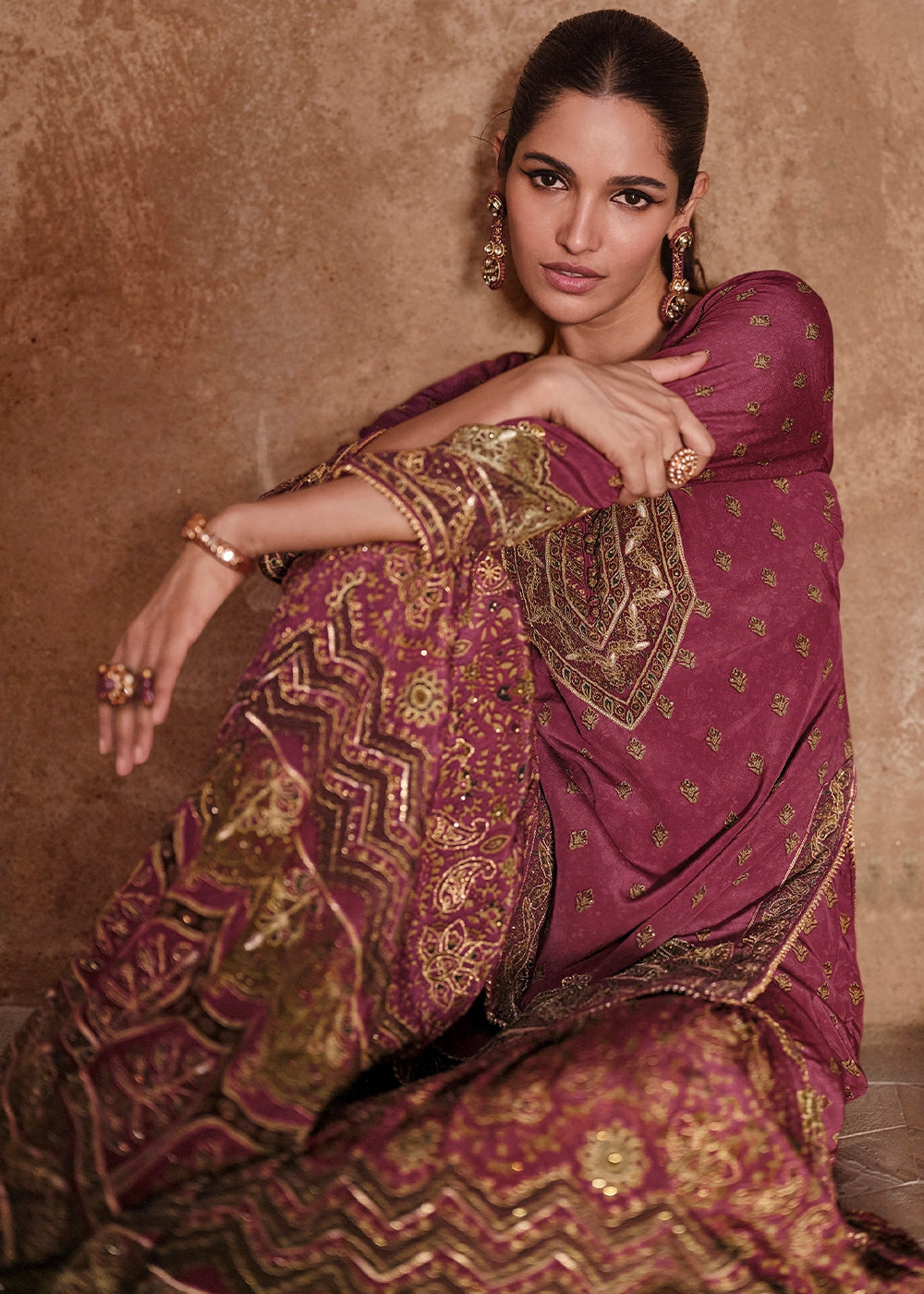 Cardinal Purple Crepe Silk Gharara Suit with Swarovski Embellishments