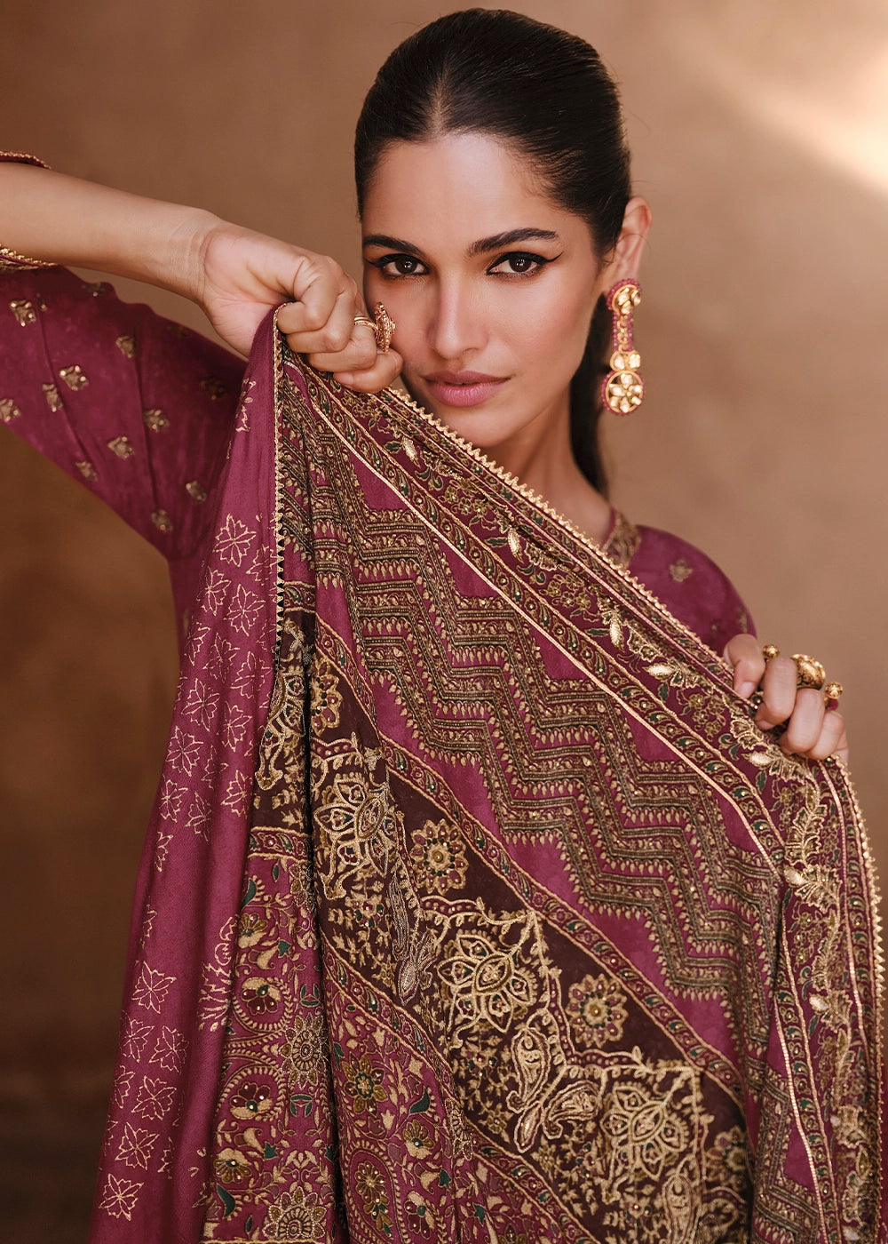 Cardinal Purple Crepe Silk Gharara Suit with Swarovski Embellishments