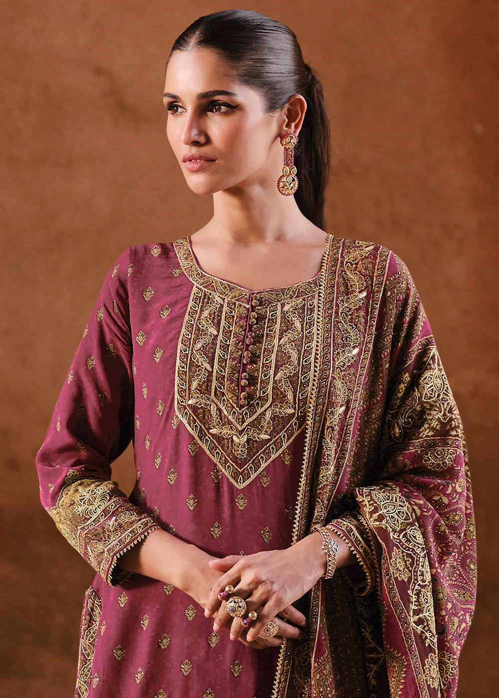 Cardinal Purple Crepe Silk Gharara Suit with Swarovski Embellishments