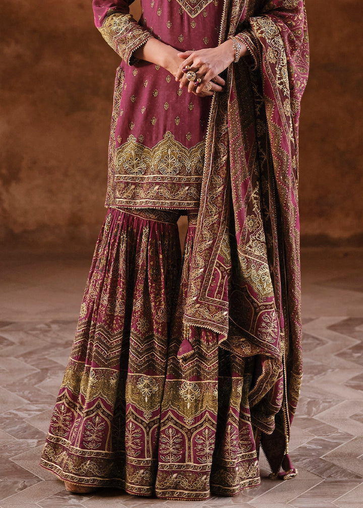 Cardinal Purple Crepe Silk Gharara Suit with Swarovski Embellishments
