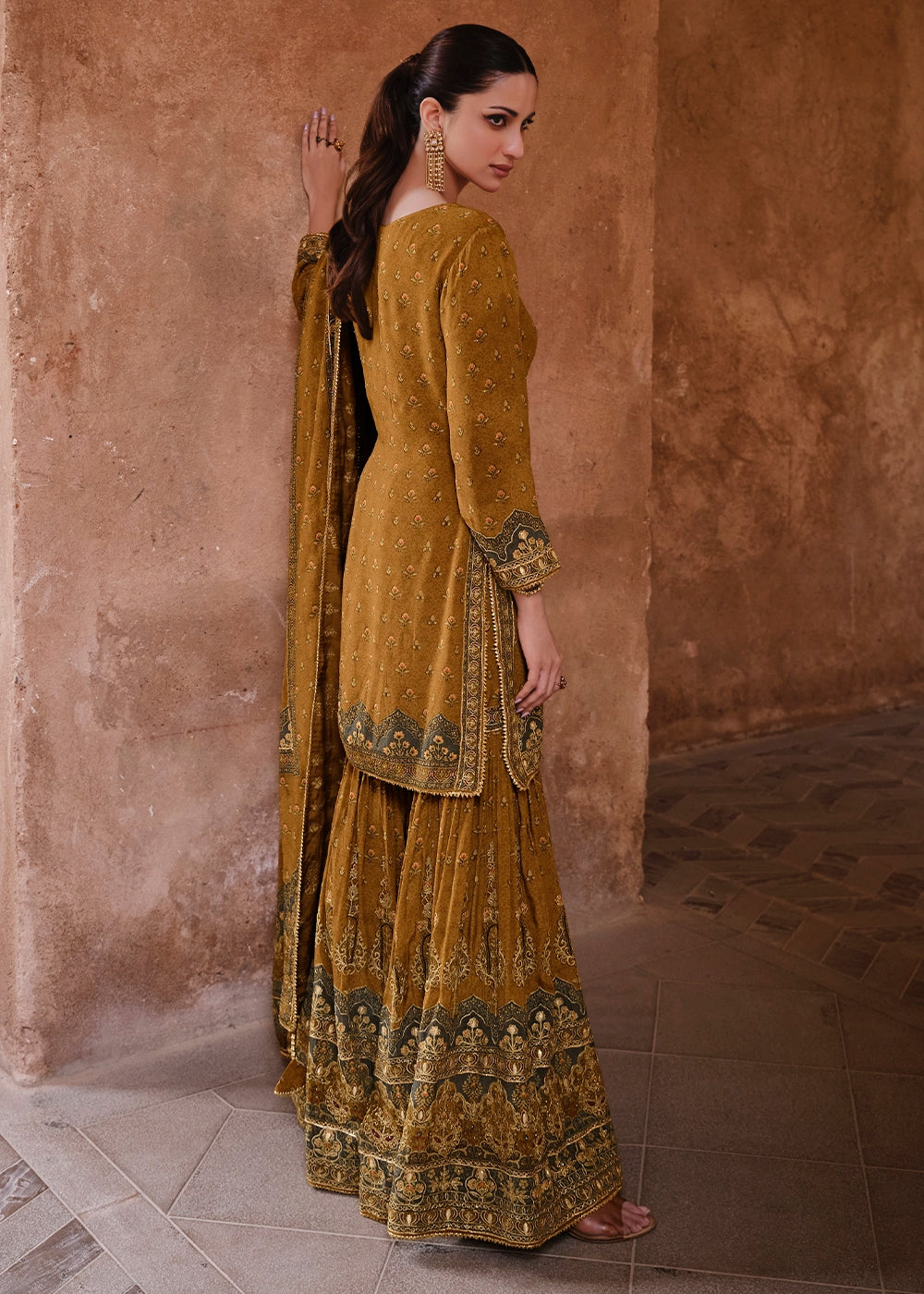 Mustard Yellow Crepe Silk Gharara Suit with Swarovski Embellishments
