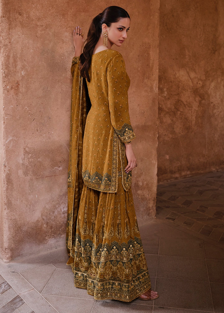 Mustard Yellow Crepe Silk Gharara Suit with Swarovski Embellishments