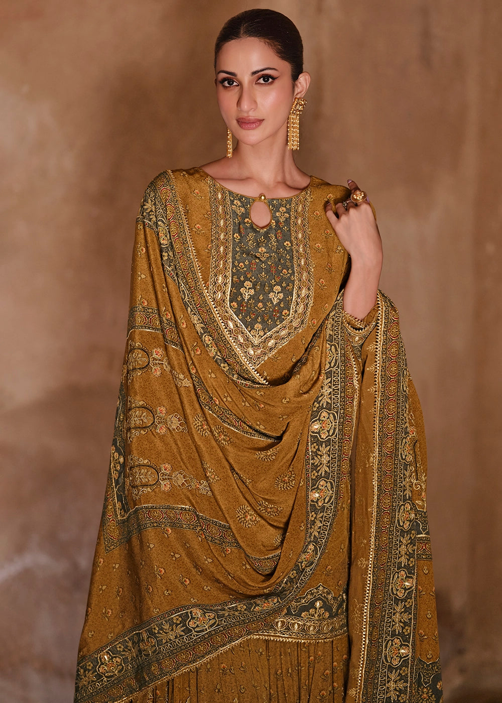 Mustard Yellow Crepe Silk Gharara Suit with Swarovski Embellishments