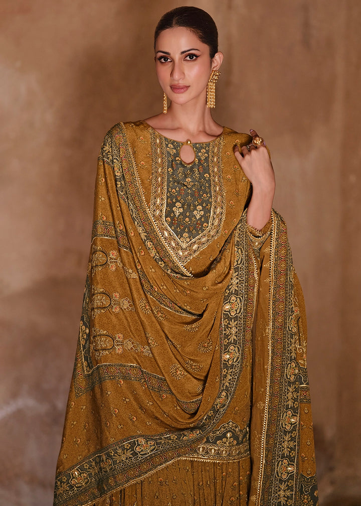 Mustard Yellow Crepe Silk Gharara Suit with Swarovski Embellishments