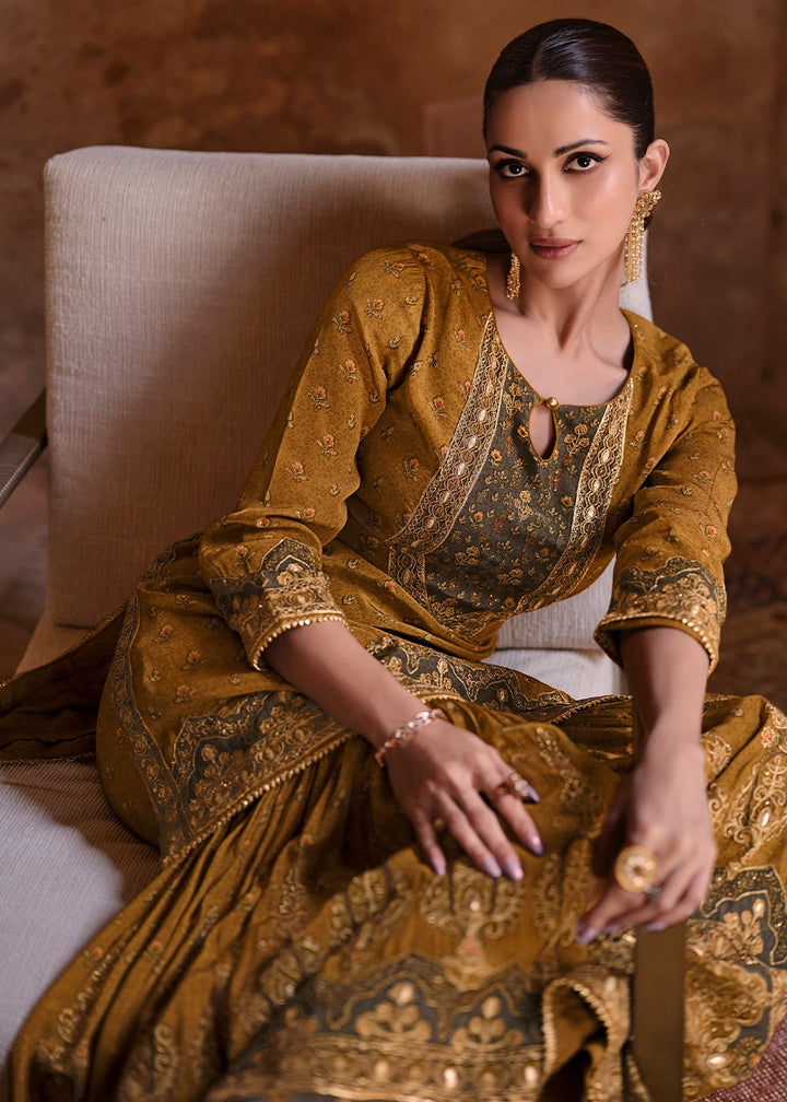 Mustard Yellow Crepe Silk Gharara Suit with Swarovski Embellishments