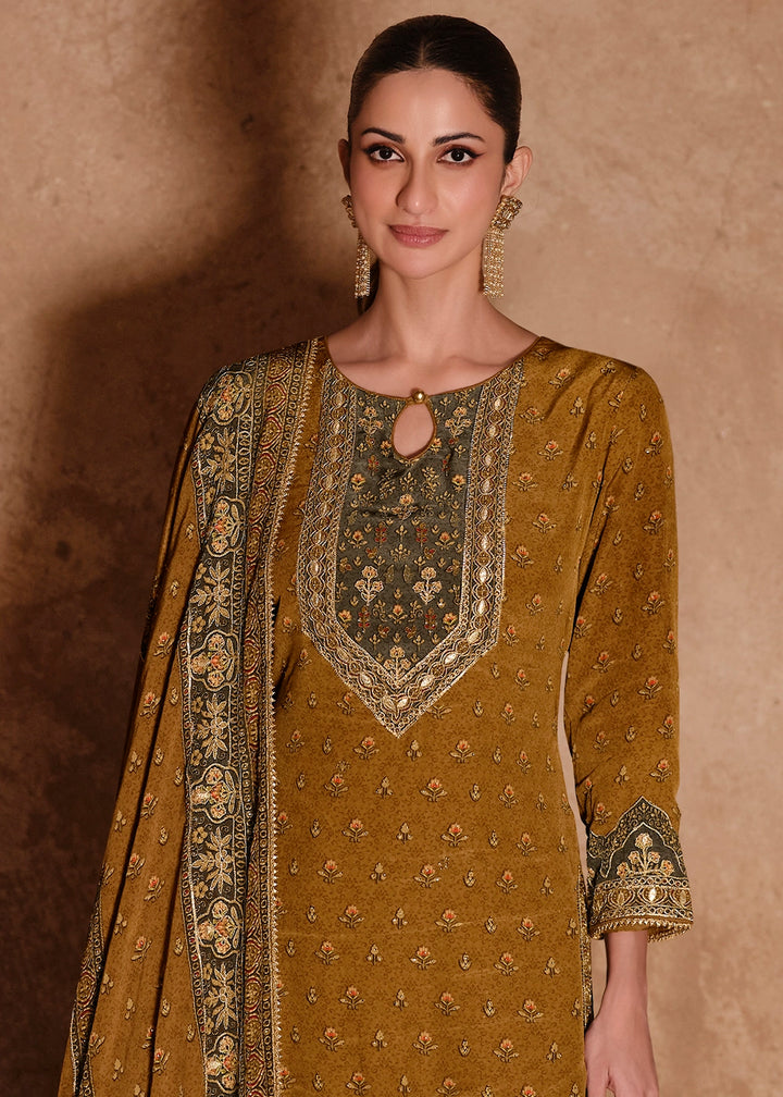 Mustard Yellow Crepe Silk Gharara Suit with Swarovski Embellishments