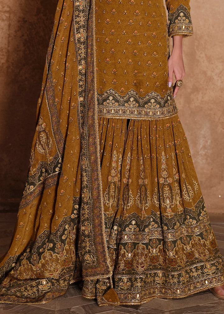 Mustard Yellow Crepe Silk Gharara Suit with Swarovski Embellishments