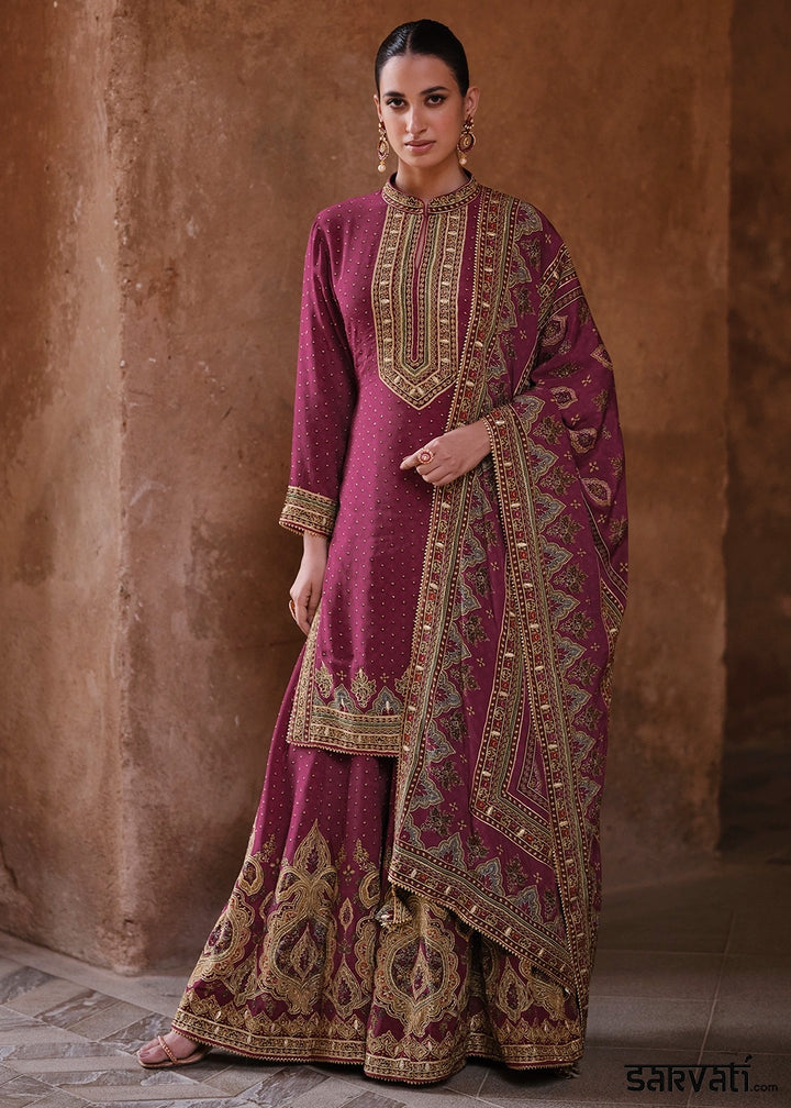 Mulberry Purple Crepe Silk Gharara Suit with Swarovski Embellishments
