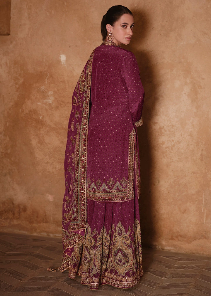 Mulberry Purple Crepe Silk Gharara Suit with Swarovski Embellishments