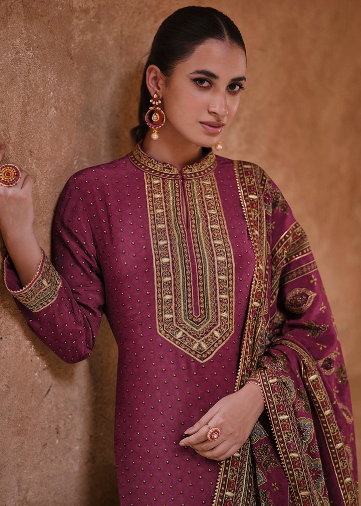 Mulberry Purple Crepe Silk Gharara Suit with Swarovski Embellishments