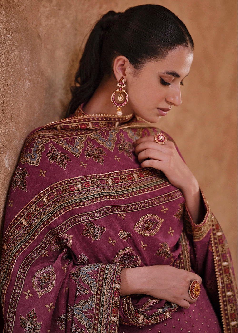 Mulberry Purple Crepe Silk Gharara Suit with Swarovski Embellishments