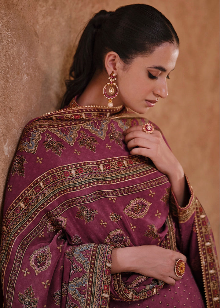 Mulberry Purple Crepe Silk Gharara Suit with Swarovski Embellishments