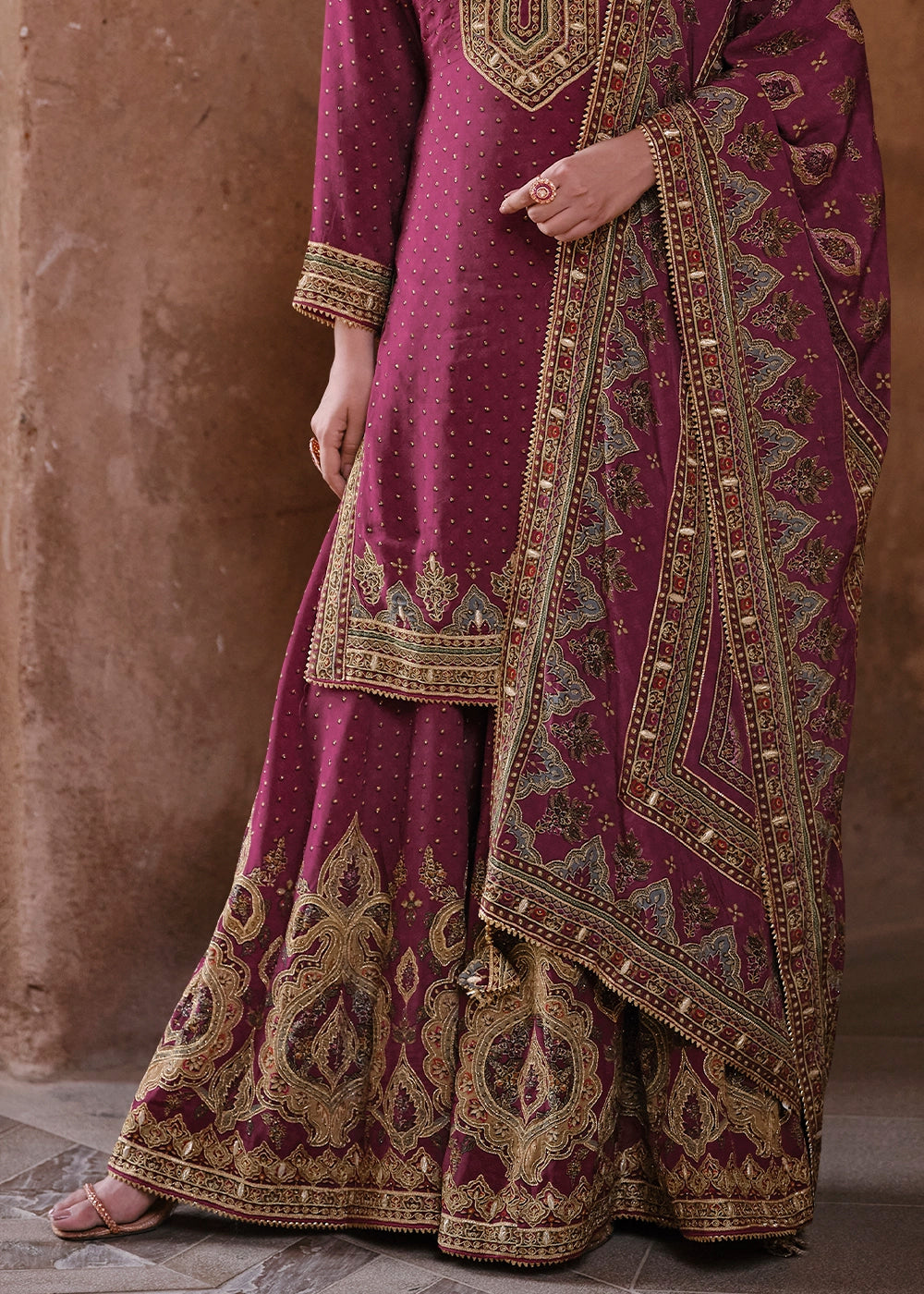 Mulberry Purple Crepe Silk Gharara Suit with Swarovski Embellishments