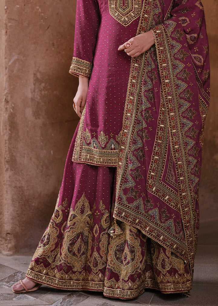 Mulberry Purple Crepe Silk Gharara Suit with Swarovski Embellishments