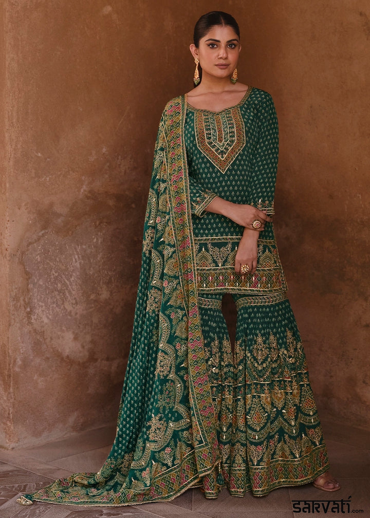 Pine Green Crepe Silk Gharara Suit with Swarovski Embellishments