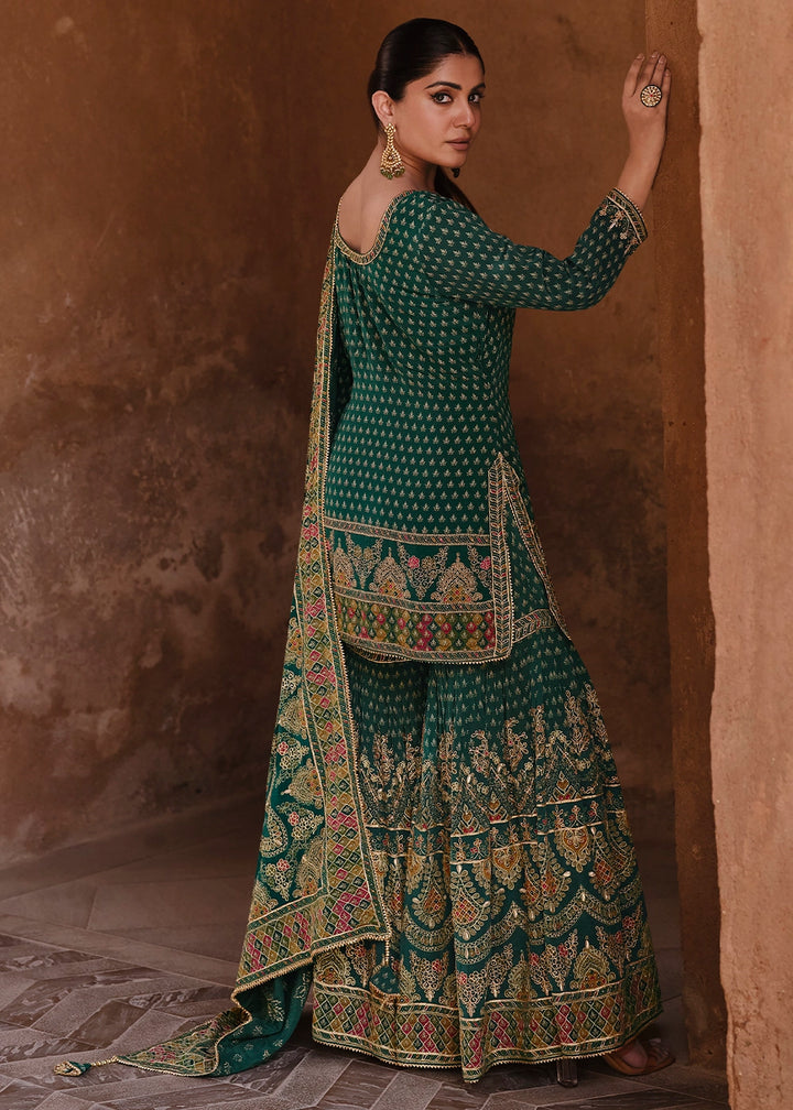 Pine Green Crepe Silk Gharara Suit with Swarovski Embellishments