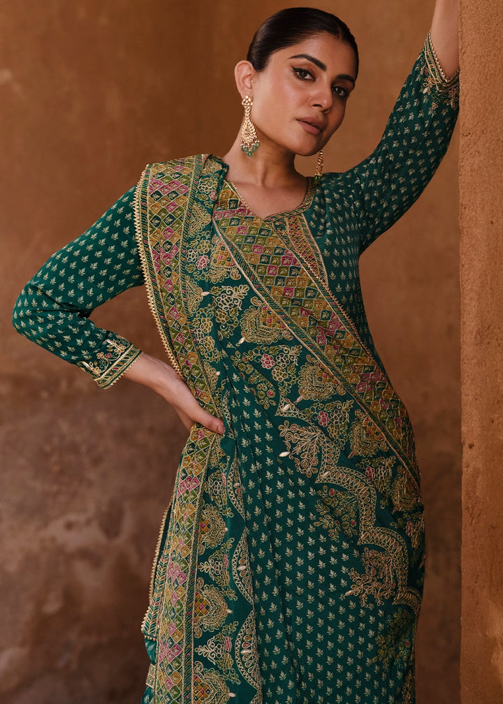 Pine Green Crepe Silk Gharara Suit with Swarovski Embellishments