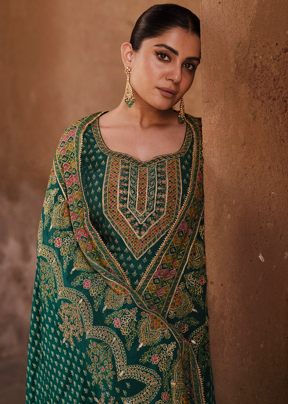 Pine Green Crepe Silk Gharara Suit with Swarovski Embellishments
