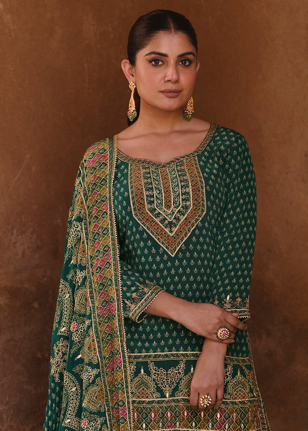 Pine Green Crepe Silk Gharara Suit with Swarovski Embellishments