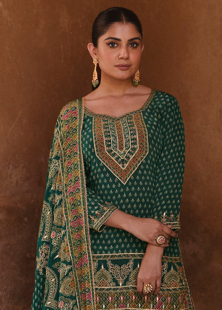 Pine Green Crepe Silk Gharara Suit with Swarovski Embellishments