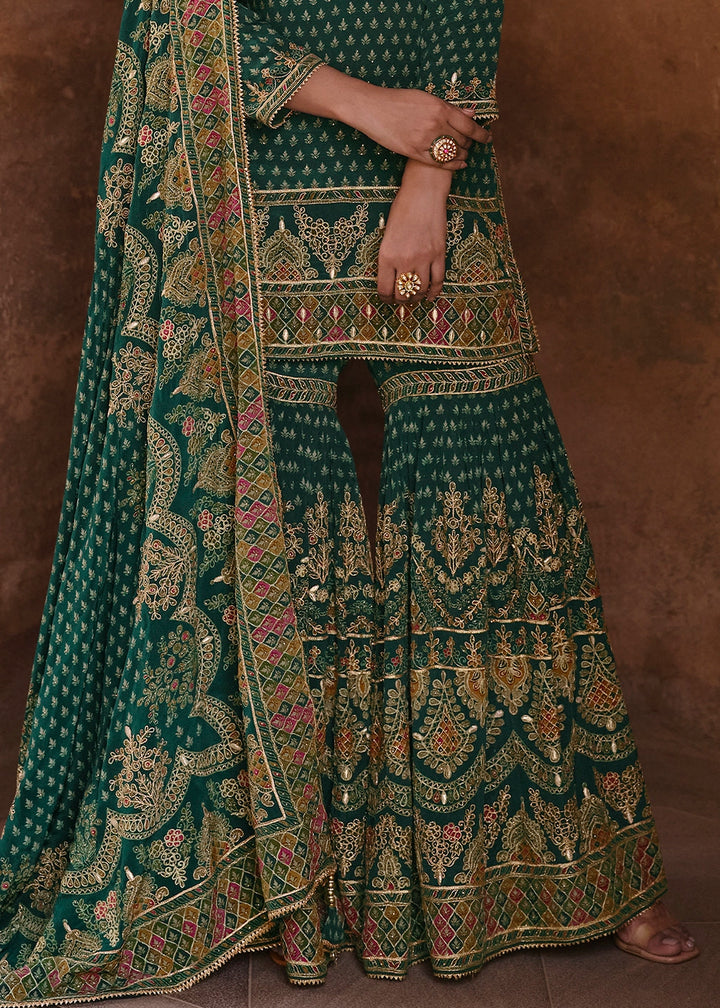 Pine Green Crepe Silk Gharara Suit with Swarovski Embellishments