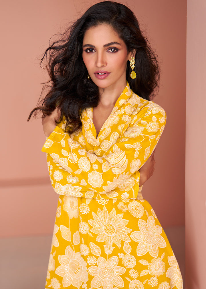 Aureolin Yellow Georgette Designer Sharara Set