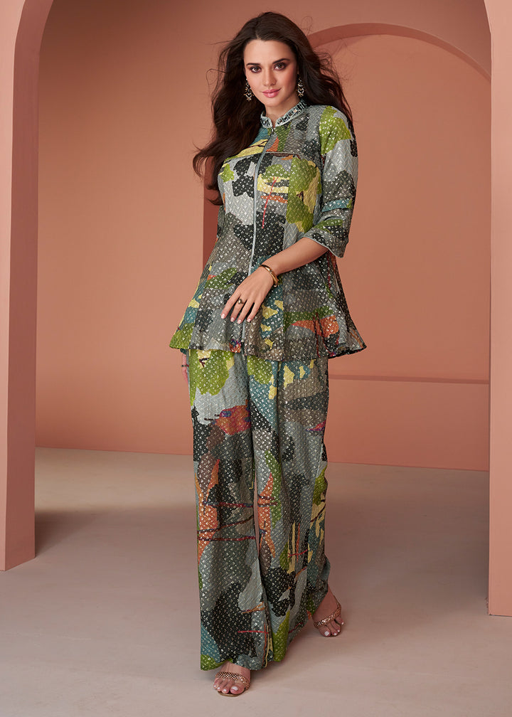 Green & Grey Georgette Designer Palazzo Set