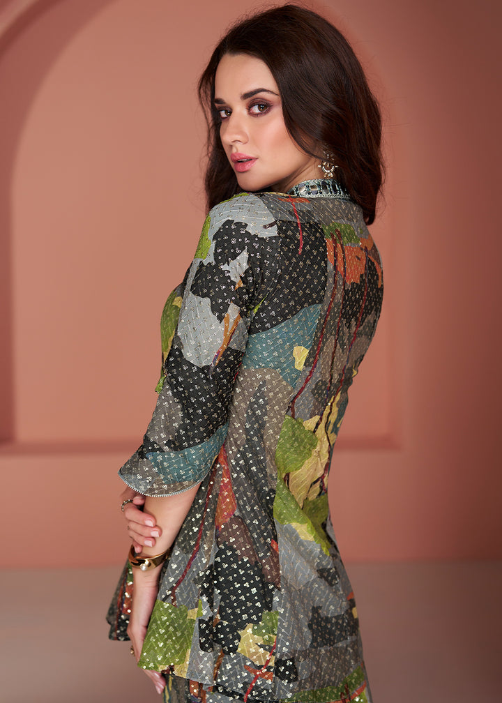 Green & Grey Georgette Designer Palazzo Set