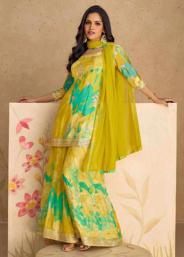 Green & Yellow Palazzo Suit in Chinon Silk with Embroidery & Abstract Prints