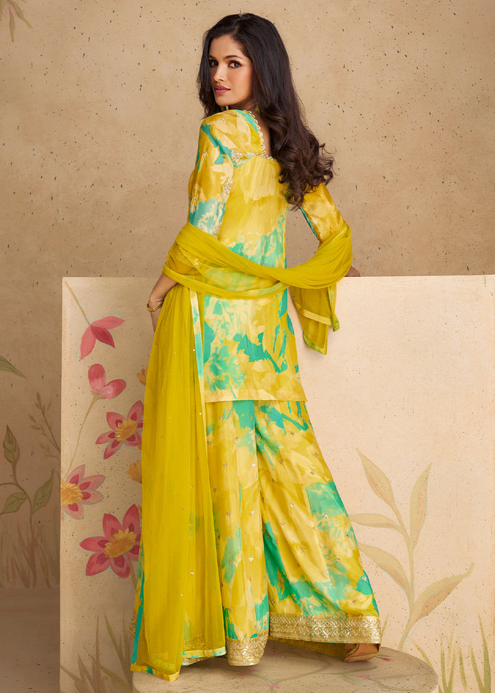 Green & Yellow Palazzo Suit in Chinon Silk with Embroidery & Abstract Prints