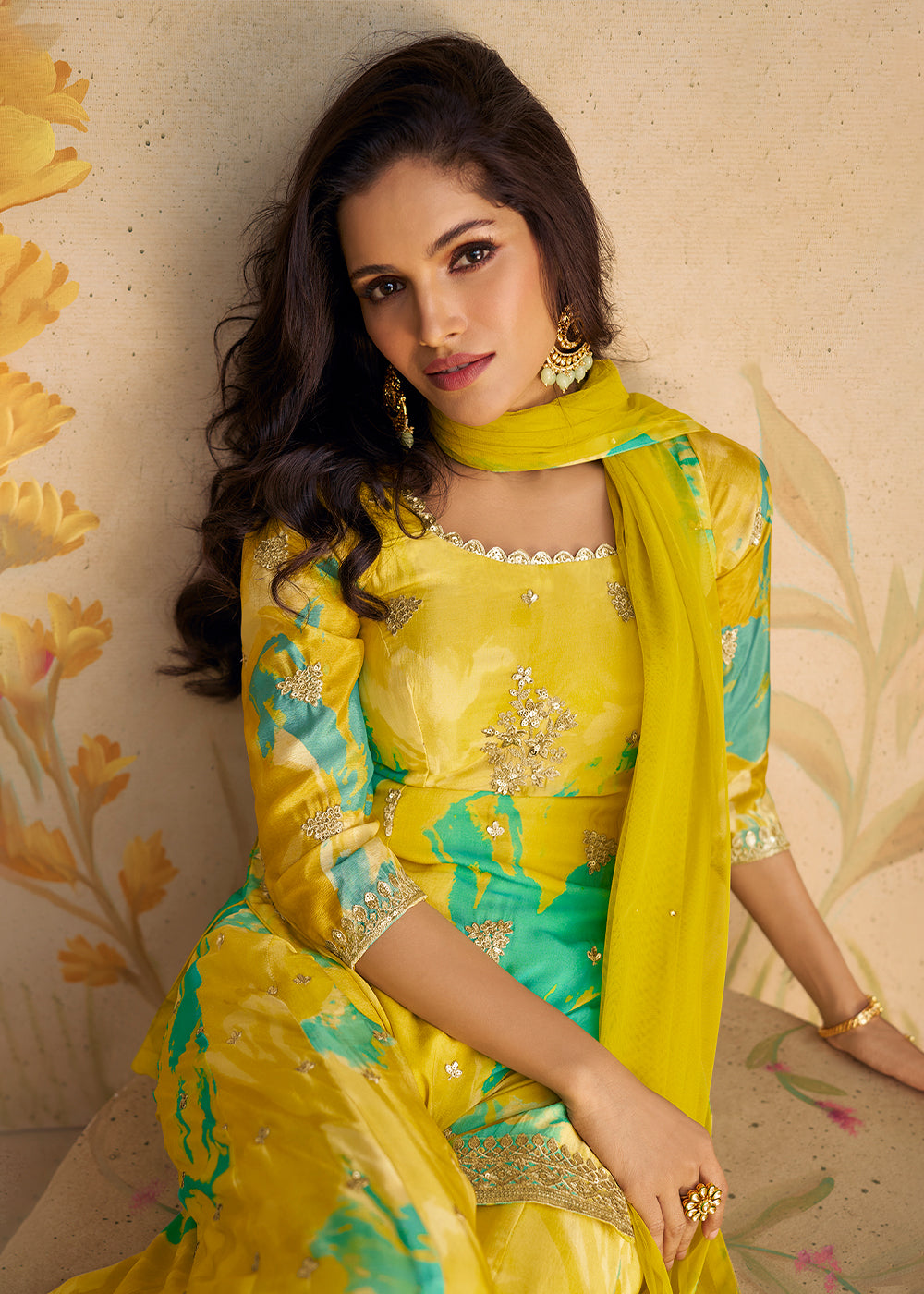 Green & Yellow Palazzo Suit in Chinon Silk with Embroidery & Abstract Prints