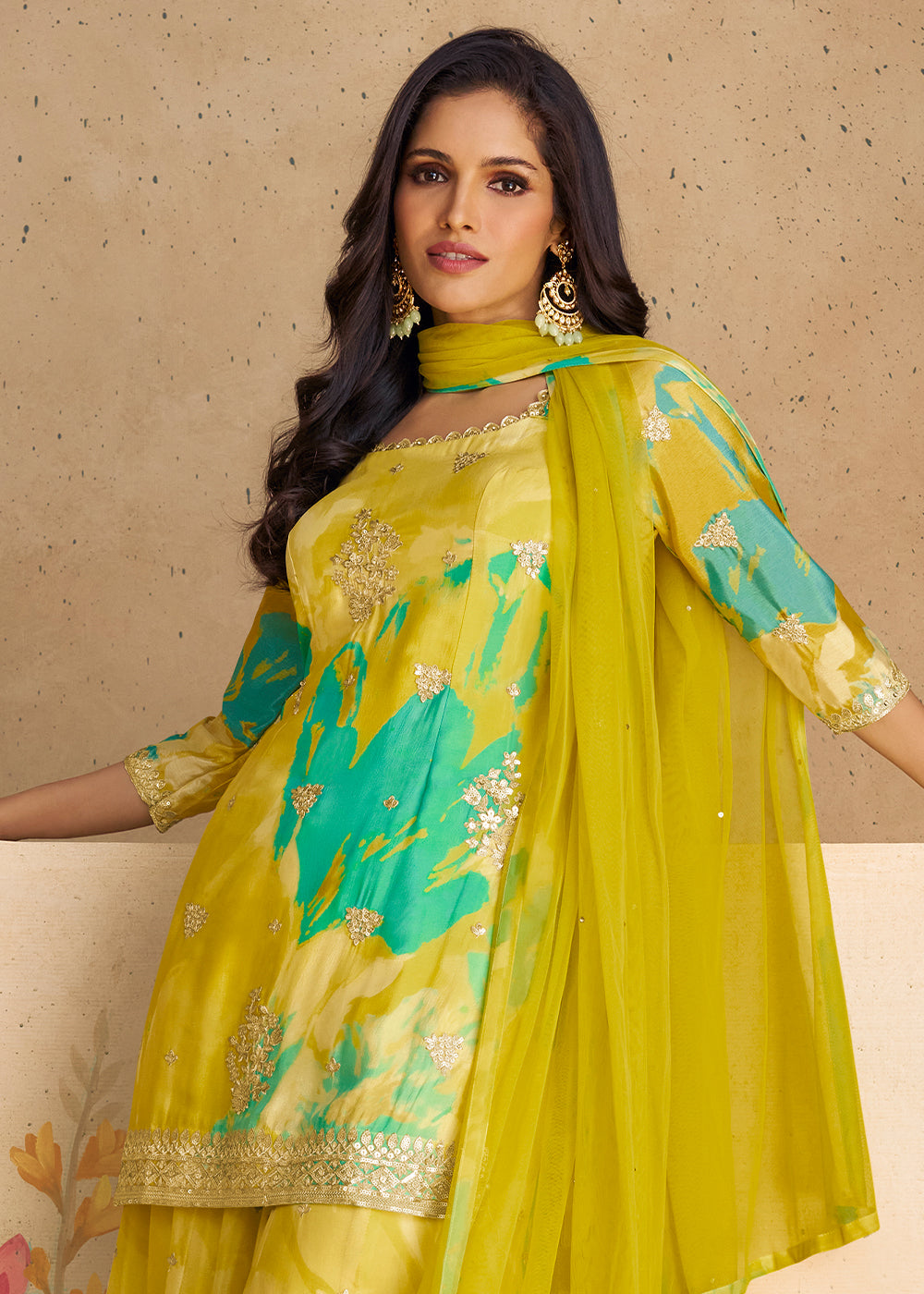 Green & Yellow Palazzo Suit in Chinon Silk with Embroidery & Abstract Prints