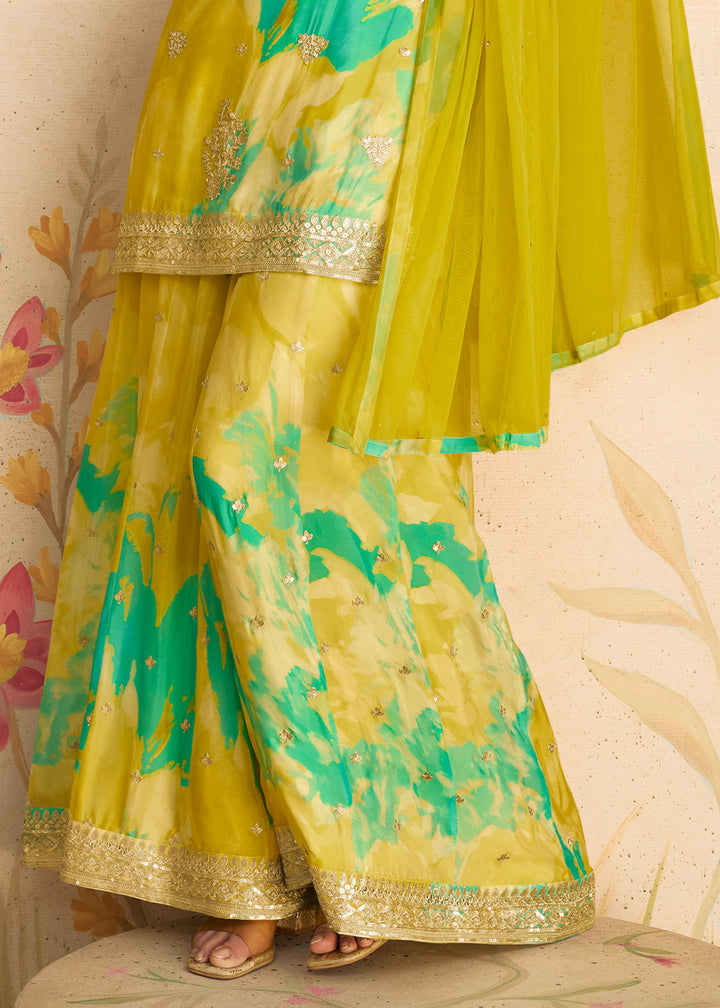 Green & Yellow Palazzo Suit in Chinon Silk with Embroidery & Abstract Prints