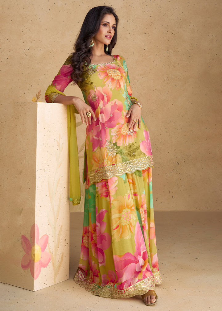 Pink & Green Palazzo Suit in Chinon Silk with Embroidery & Floral Prints