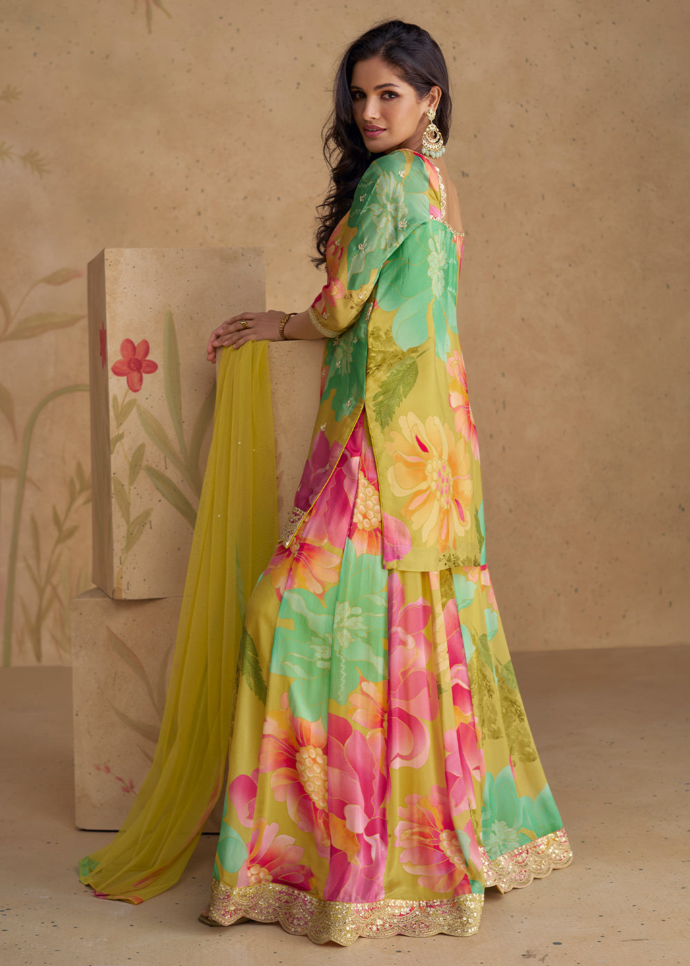 Pink & Green Palazzo Suit in Chinon Silk with Embroidery & Floral Prints