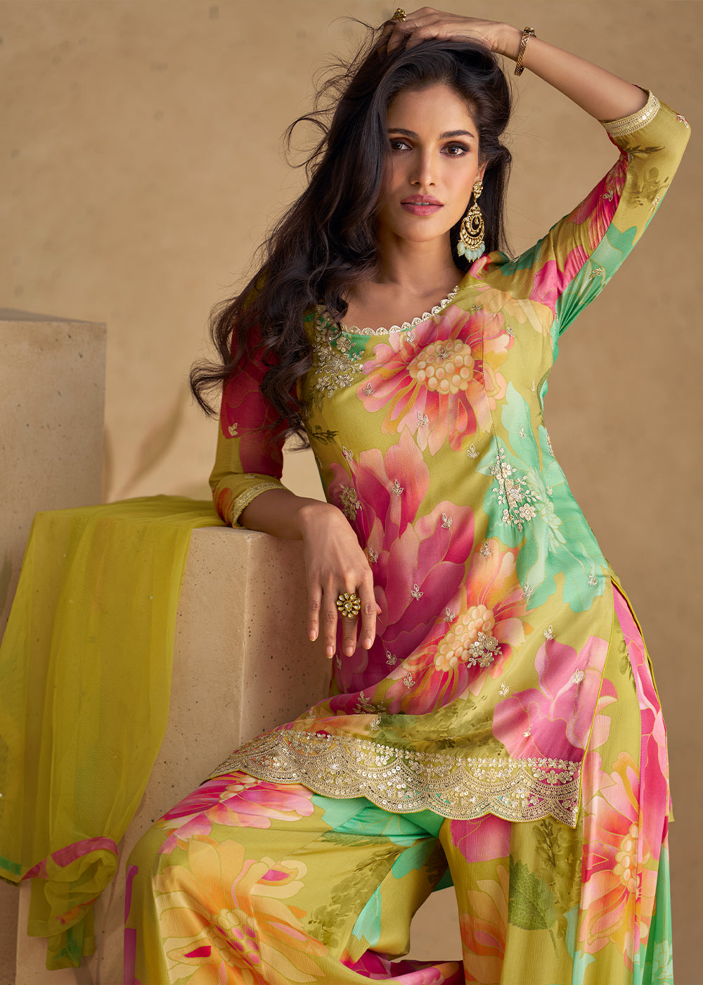 Pink & Green Palazzo Suit in Chinon Silk with Embroidery & Floral Prints