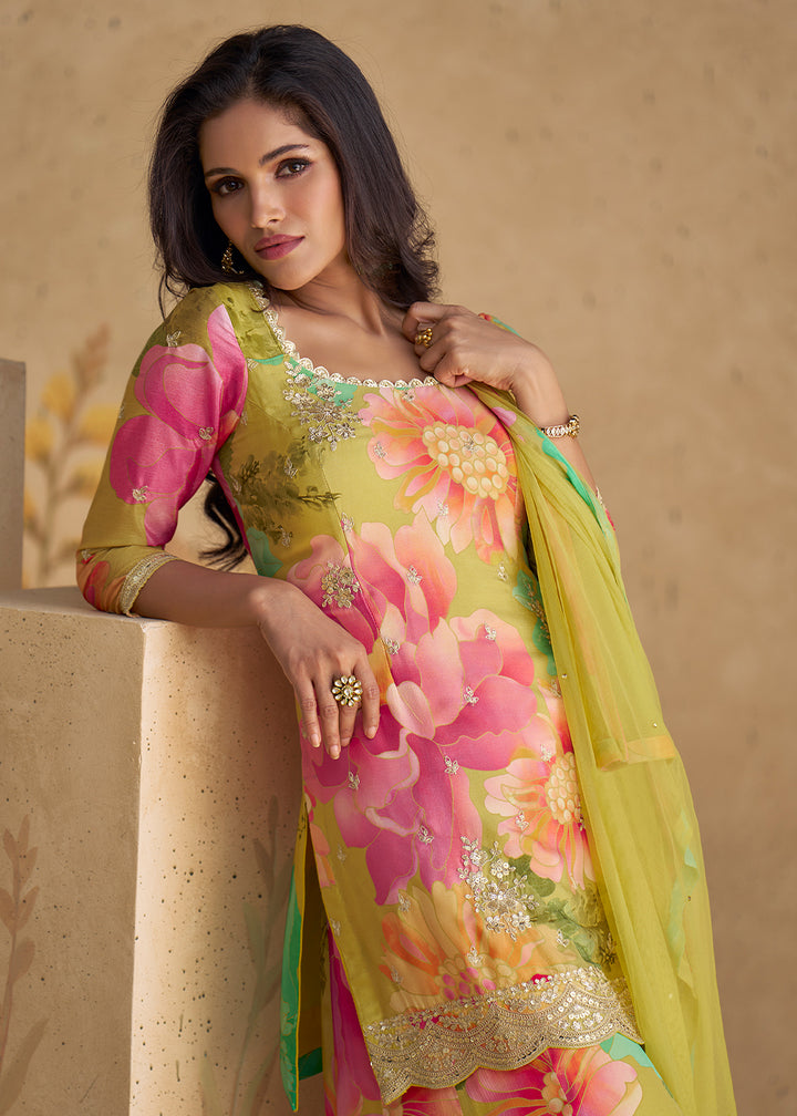 Pink & Green Palazzo Suit in Chinon Silk with Embroidery & Floral Prints