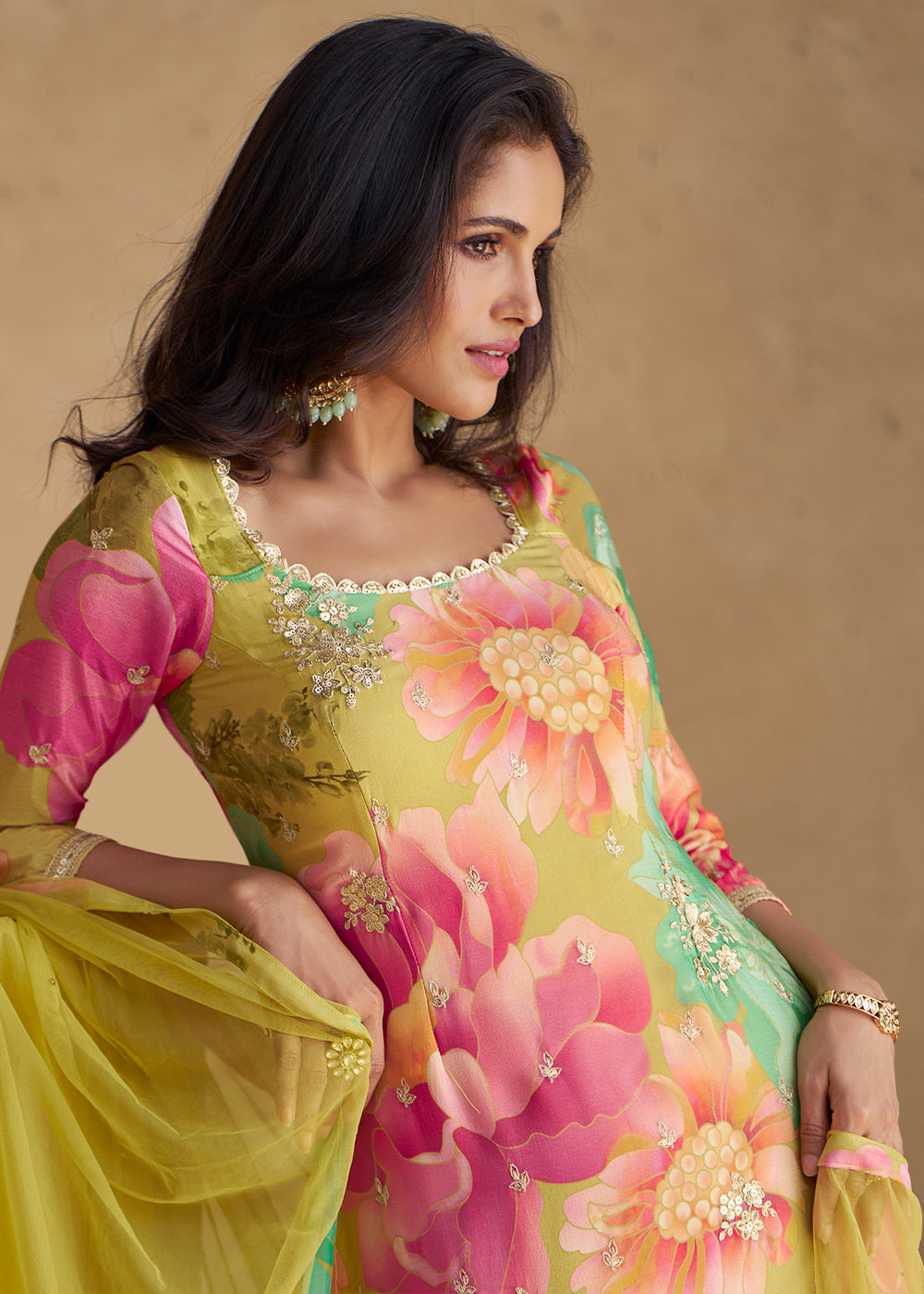 Pink & Green Palazzo Suit in Chinon Silk with Embroidery & Floral Prints