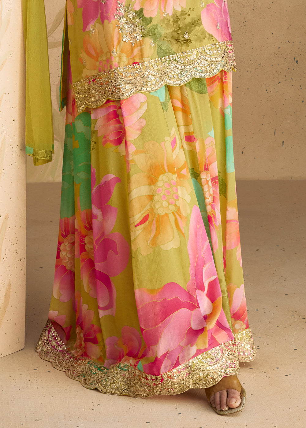 Pink & Green Palazzo Suit in Chinon Silk with Embroidery & Floral Prints