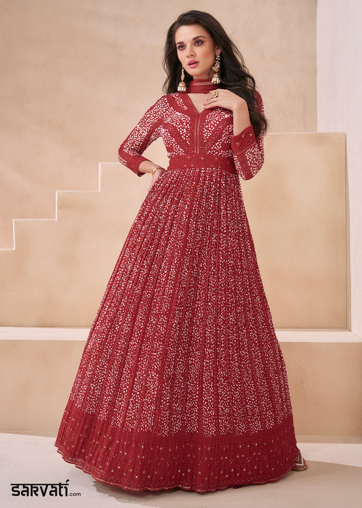 Geranium Red Georgette Anarkali Gown with Front & Back Embroidery