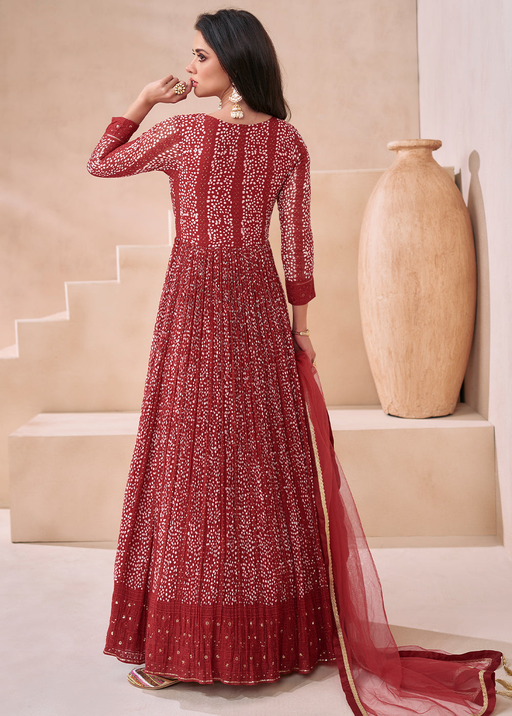 Geranium Red Georgette Anarkali Gown with Front & Back Embroidery