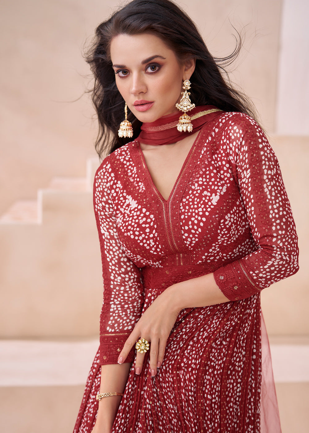 Geranium Red Georgette Anarkali Gown with Front & Back Embroidery