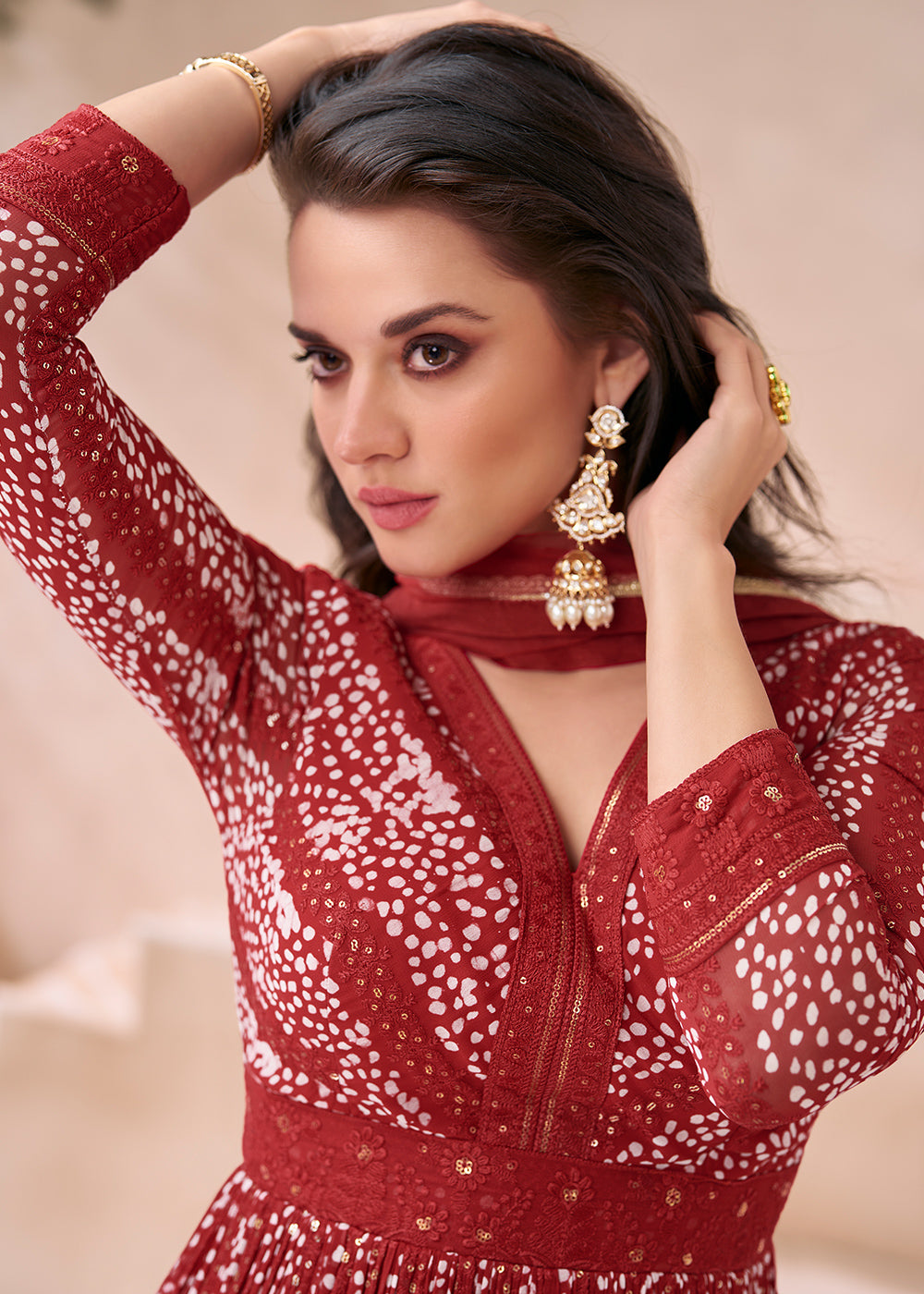 Geranium Red Georgette Anarkali Gown with Front & Back Embroidery