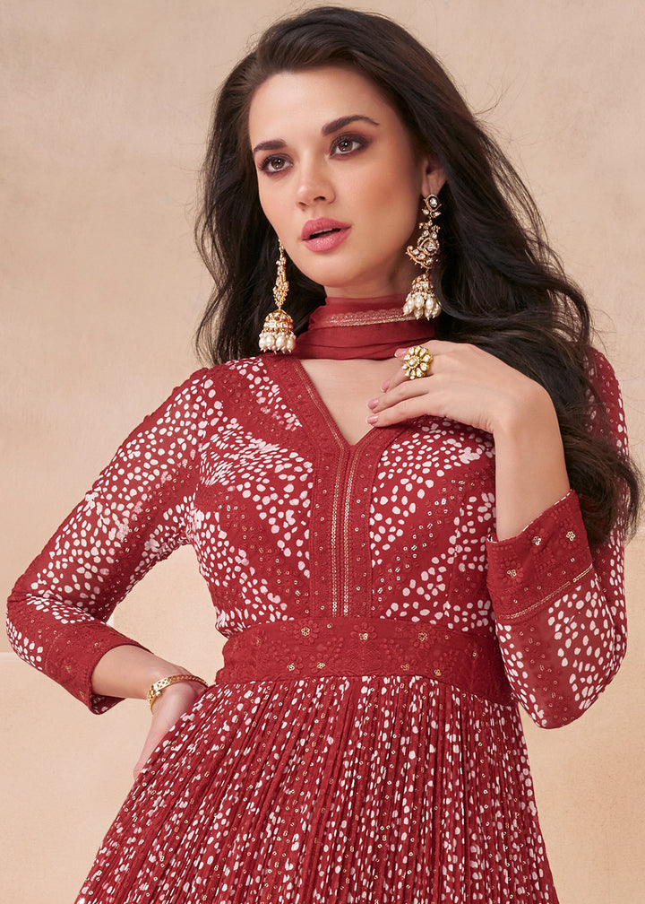 Geranium Red Georgette Anarkali Gown with Front & Back Embroidery