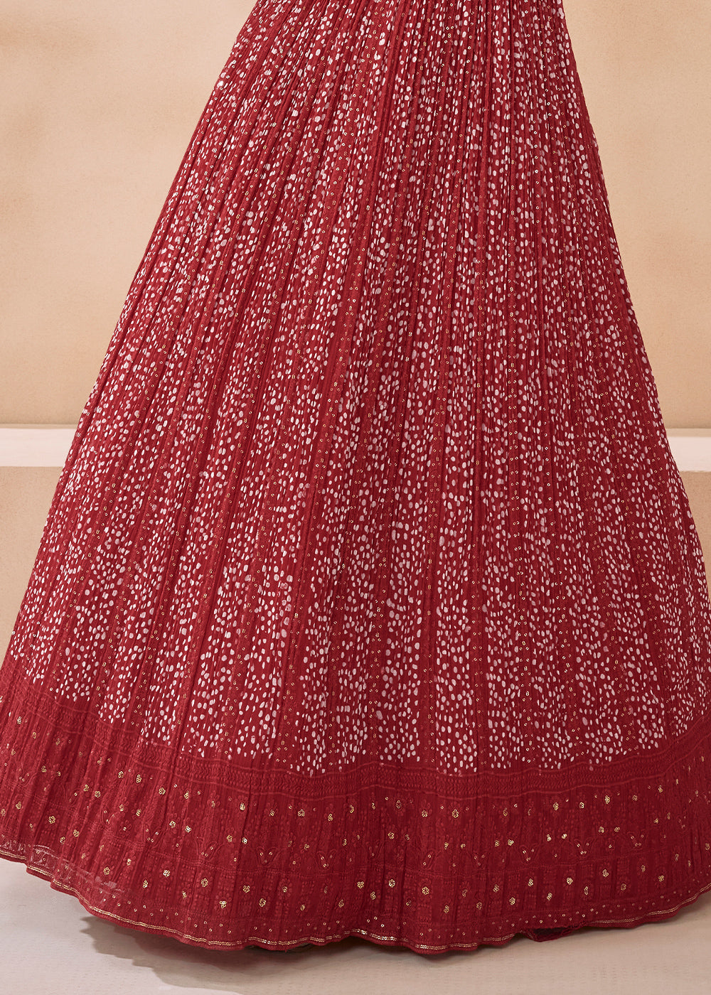 Geranium Red Georgette Anarkali Gown with Front & Back Embroidery