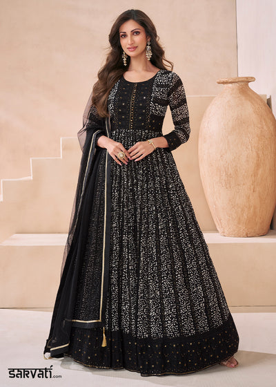 Midnight Black Georgette Anarkali Gown with Front & Back Embroidery